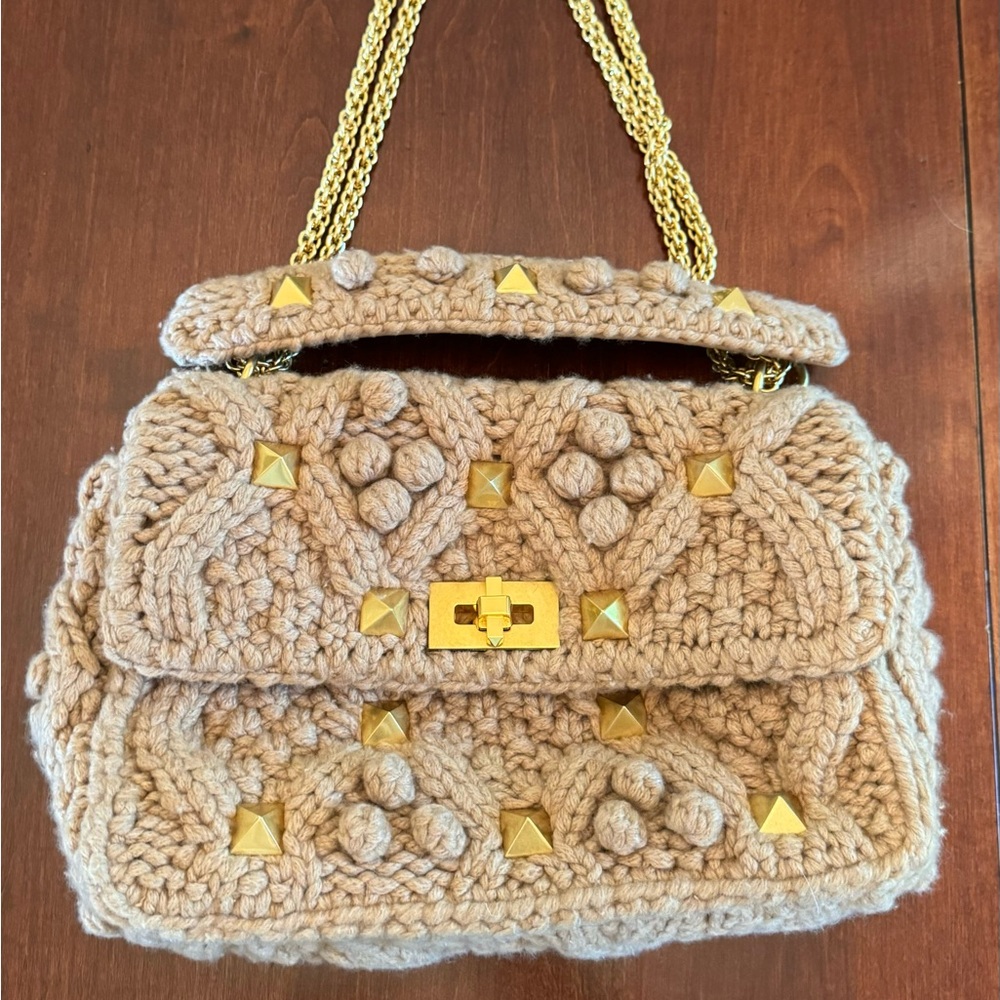 Valentino Garavani Roman Stud Large Shoulder Knit Cashmere Brown Bag